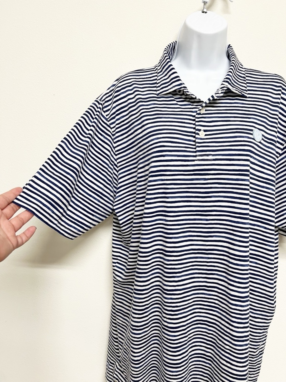 B Draddy Mens Navy White Striped Short Sleeve Polo Shirt Size L - Picture 3 of 11